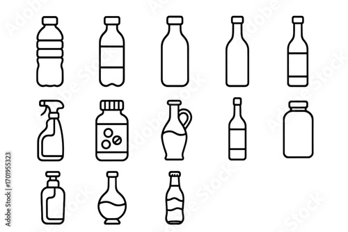 Bottle line icon set. Vector collection of various container symbols. Plastic water, glass drink, medicine pill jar, and cleaning spray bottle outline icons for web and app design.
