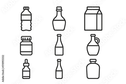 Bottle and container line icon set. Includes water bottle, milk carton, pill jar, sauce bottle, jug, and dropper. Vector symbols for packaging, drinks, food, and medicine.