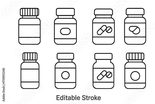 Medicine bottle icon pack. Thin line art vector set of pharmaceutical pills, tablets, and capsules. Editable stroke design for medical, pharmacy, and healthcare graphics.