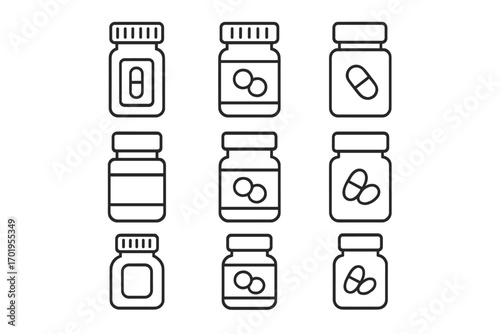 Medicine bottle line icon set. Pill, capsule, tablet, and vitamin container outline symbols. Pharmaceutical, healthcare, and pharmacy vector illustration pack with editable stroke.