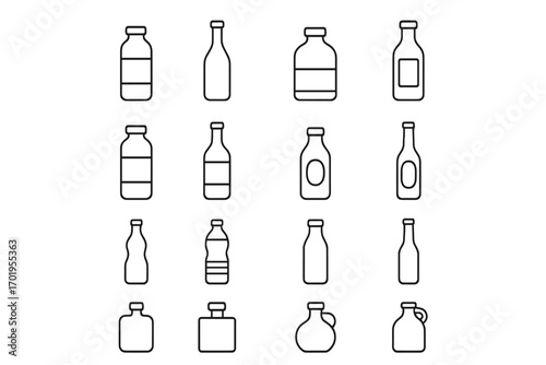 Bottle line icon collection. Vector set of glass and plastic containers for milk, water, juice. Simple outline pictogram pack with editable stroke for web and apps.