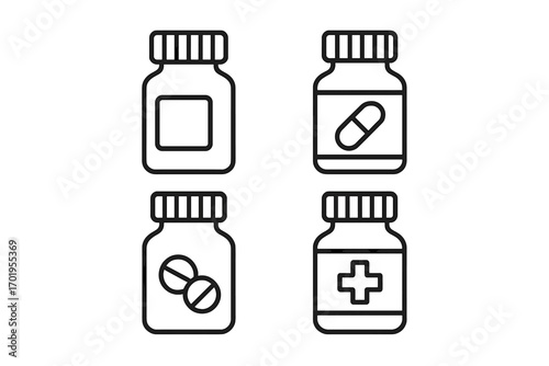 Medicine bottle icon set. Pill, capsule, and tablet container symbols. Pharmacy, drug store, and healthcare graphic elements. Editable stroke vector for web and apps.