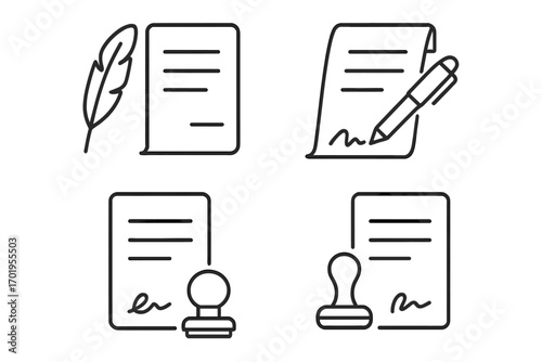 Signing document line icon collection. Vector symbols for contract, agreement, signature, approval. Includes quill pen for history, and notary stamp. Editable stroke illustration.