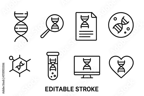DNA genetics line icon set. Gene biology, science, and research vector icons. Biotechnology lab analysis, genetic testing, and medical diagnostics symbols. Editable stroke.
