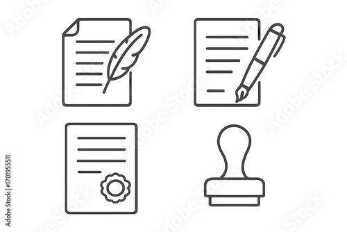 Contract signing and legal document outline icon set. Vector collection of agreement papers with quill pen, ink pen, and notary stamp or seal. Editable stroke.