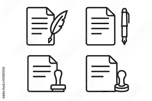 Document icon set with quill pen and stamp. Notary, legal agreement, contract signing concepts. Historical writing, official paper seal. Editable stroke vector line art.