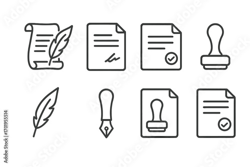 Document icon set with quill pen and stamp. Concepts for contract, signature, approval, and certification. Legal agreement, notary validation, and certified scroll outlines.