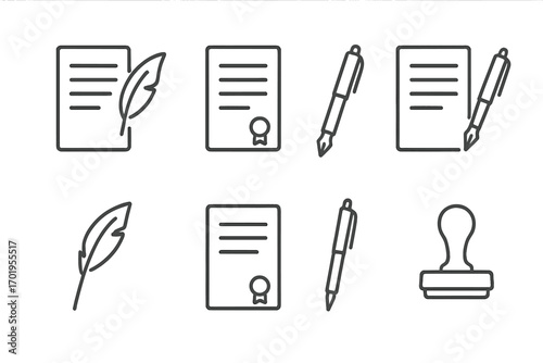 Document signing icon set. Quill, pen, and stamp line art collection. Notary, legal contract, and official agreement symbols. Vector outline illustration with editable stroke.