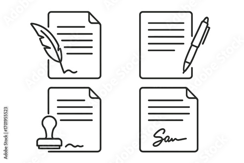 Document and signature line icon set. Contract signing with quill pen, stamp, and signature. Notary, legal agreement, and history concept. Editable stroke vector illustration.