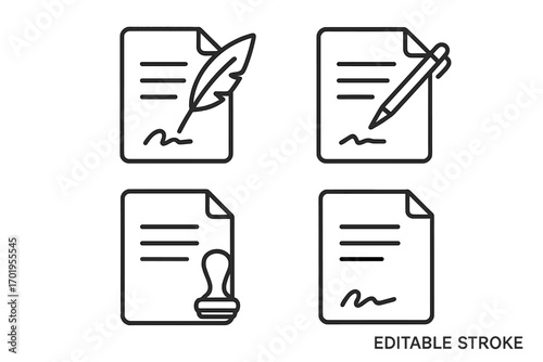 Document signing and contract agreement editable stroke line icon set. Signature with quill pen, stamp, and written treaty vector icons for legal and business concepts.