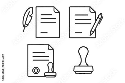 Document signing icon set with quill, pen, and stamp. Vector line art for legal contract, notary seal, and official agreement. Editable stroke for business & law concepts.