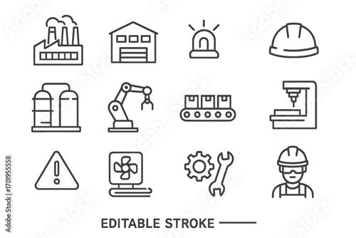 Industrial manufacturing line icon set. Factory, automation, and production symbols. Vector collection with editable stroke. Includes worker, robot arm, conveyor, and warehouse.