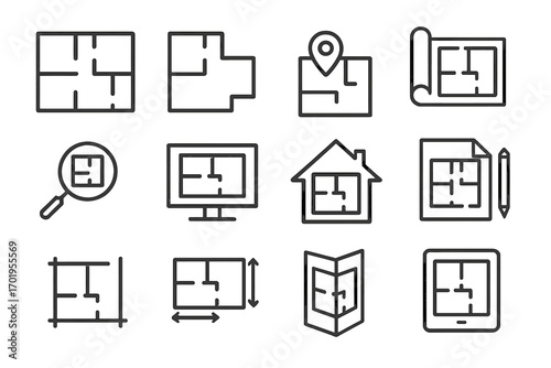 Floor plan line icon set. Architecture, real estate, and construction concept. House plan, blueprint, and building design symbols. Vector icons for layout and drafting.