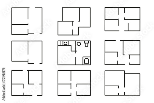Floor plan line icon set. Simple architectural blueprint layouts. Minimalist house and apartment schematic symbols for real estate, construction and interior design projects.