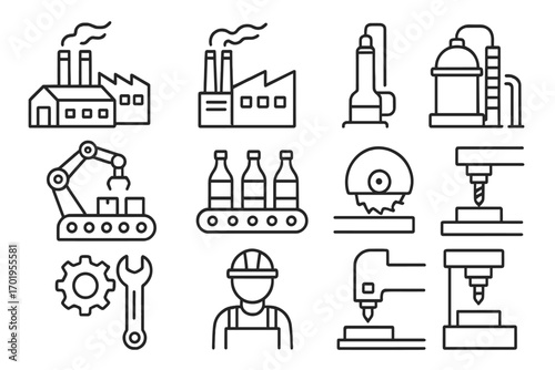 Factory and manufacturing icon set. Vector line art collection for industry and production. Includes robotic arm, conveyor belt, machinery, worker, and plant symbols. Editable stroke.