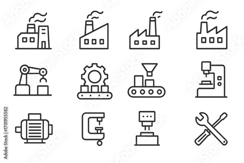 Factory and manufacturing line icon collection. Vector symbols for industry, production, automation, robotic arm, conveyor belt, machinery, and tools. Editable stroke.