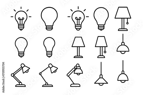 Light bulb lamp outline icon collection. Vector linear symbol set of lighting fixtures. Includes desk lamp, table lamp, hanging light. Editable stroke for idea, energy concepts.