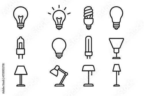 Light bulb and lamp outline icon collection. Vector linear lighting symbols. Incandescent, fluorescent, CFL, halogen bulb, desk lamp. Editable stroke. Idea, energy concept.