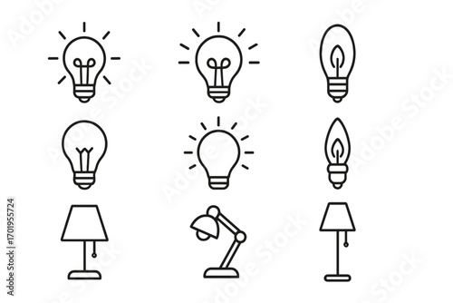Light bulb and lamp line icon collection. Vector set of outline symbols for idea, creativity, and illumination. Editable stroke signs for infographics and web design.