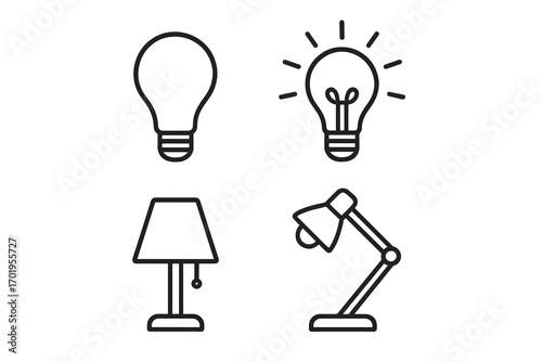 Light bulb and lamp line icon collection. Editable stroke vector illustration set. Concept for idea, innovation, creativity, solution, electricity, energy, and inspiration.