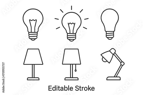 Light bulb and lamp line icon collection. Editable stroke vector symbols for idea, innovation, electricity, energy, and solutions. Outline pictogram set for web and ui design.