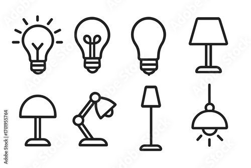 Light bulb and lamp line icon set. Idea, innovation, solution concept. Electricity energy symbol. Vector collection of table, desk, floor and ceiling lamp illustrations.
