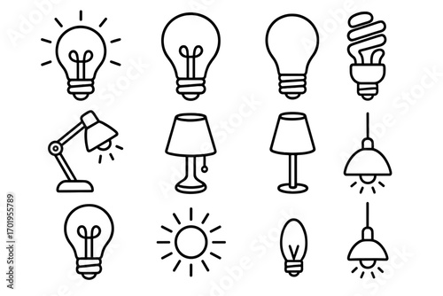 Light bulb and lamp line icon collection. Simple outline vector icons for idea, creativity, and innovation. Set of electricity, energy, and solution symbols. Editable stroke.