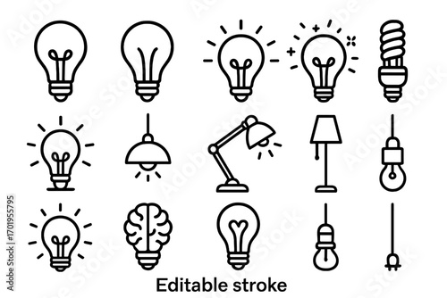 Light bulb, lamp simple line icon set. Concept of idea, creativity, innovation, solution. Thinking, brainstorming symbol. Brain bulb metaphor. Energy saving, electricity. Editable stroke.