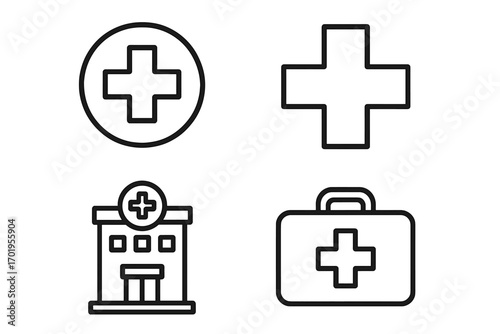 Medical cross and hospital building thin line icon set. Vector symbols for healthcare, clinic, pharmacy, and first aid. Emergency medicine and doctor graphic elements.