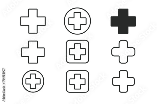 Medical cross icon set. Hospital plus symbol collection. First aid, emergency, medicine and health care sign. Simple line and glyph icons for web, app, ui, ux design.