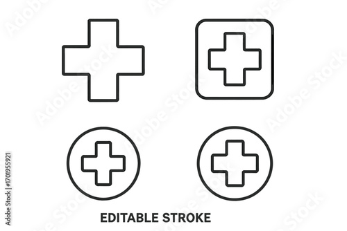 Medical cross hospital symbol icon set. Health care plus sign. First aid emergency icons. Medicine line art for web, UI, apps. Editable stroke vector illustration.