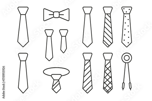 Tie line icon set. Necktie, bow tie, bolo tie collection. Business fashion accessories. Formal wear outline symbols for men. Various elegant cravat vector illustrations.