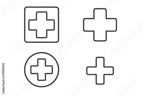 Medical cross plus sign icon set. Health care first aid symbol collection. Hospital, clinic, or pharmacy logo concept. Emergency help linear outline pictogram for UI UX design.