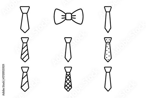 Necktie and bow tie outline icon set. Collection of linear symbols for business fashion and menswear. Gentleman's formal suit accessory. Editable stroke vector illustration.