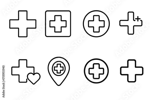 Medical cross and plus icon set. Thin line hospital, pharmacy symbols. Health care, first aid sign collection. Vector outline illustration for web, mobile app, UI, UX design.