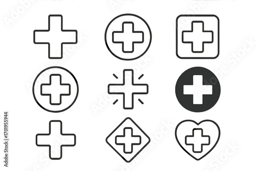Medical cross icon set. First aid and hospital symbol collection. Health care plus sign logo. Emergency help and medicine graphic elements. Pharmacy linear pictogram pack.