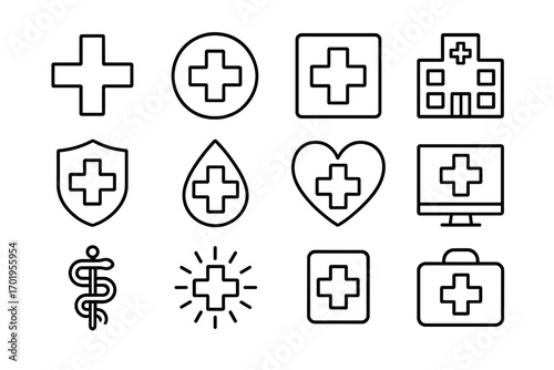 Medical cross hospital symbol thin line icon pack. Healthcare medicine signs. First aid, emergency, pharmacy vector icons. Caduceus, blood drop, heart, doctor bag set.