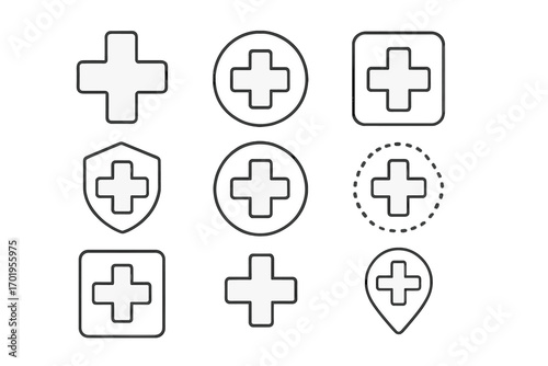 Medical cross hospital symbol line icon set. First aid, emergency, health care plus sign. Clinic, pharmacy, medicine vector icons with shield and location pin shapes.