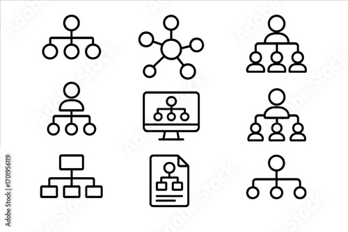 Business organization chart and mind map icon set. Corporate hierarchy, flowchart diagram, and team structure. Concept of leadership, management, workflow, and connection.