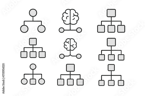 Mind map and hierarchy icon set. Collection of thin line icons for business organization chart, flowchart, and structure diagram. Brainstorming and connection concept vectors.