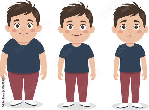 Cartoon Boy Body Transformation Vector Set – Fat to Fit to Thin with Different Emotions – Health, Fitness, and Weight Loss Concept