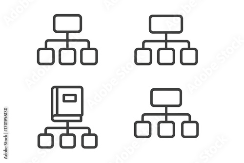 Hierarchy and mind map thin line icon set. Organizational chart, flowchart, and sitemap symbols. Vector for business structure, workflow, management, data, and knowledge.