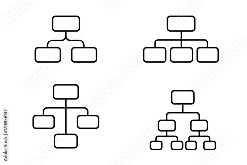 Mind map and hierarchy icon set. Thin line organizational chart collection. Business process and workflow structure diagram. Corporate flowchart and sitemap vector pack.
