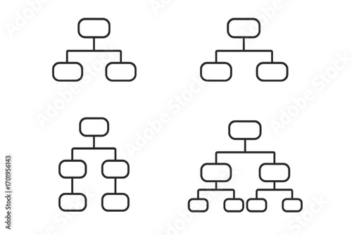 Mind map and hierarchy icon pack. Thin line organization chart and flowchart diagram. Corporate structure and business workflow management vector set. Editable stroke.