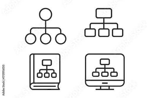 Hierarchy and mind map line icon set. Business organization chart, flowchart diagram, and sitemap structure. Vector icons for web, book, and computer app interface.