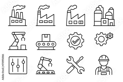 Industry and manufacturing simple icon collection. Vector line icons of factory, automation, robotic arm, conveyor belt, production process, engineering, and worker. Editable stroke.