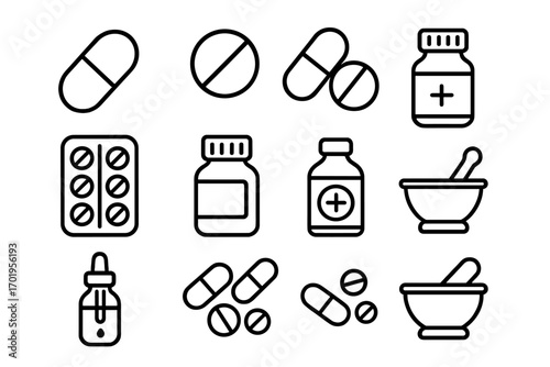 Pills and medication editable stroke thin line icon set. Pharmacy and healthcare concept. Vector illustration of capsule, tablet, bottle, blister pack, mortar and pestle.