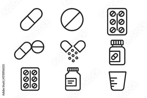 Pills and medication line icon set. Vector symbols for pharmacy, healthcare, and treatment. Medicine, drug, prescription concepts. Capsule, tablet, bottle icons. Editable stroke.