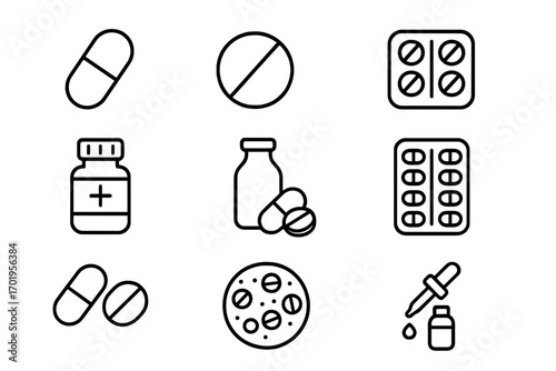 Medical line icon set with pills, capsules, and medication. Vector symbols for pharmacy, healthcare, and treatment. Includes bottle, blister pack, and editable stroke icons.