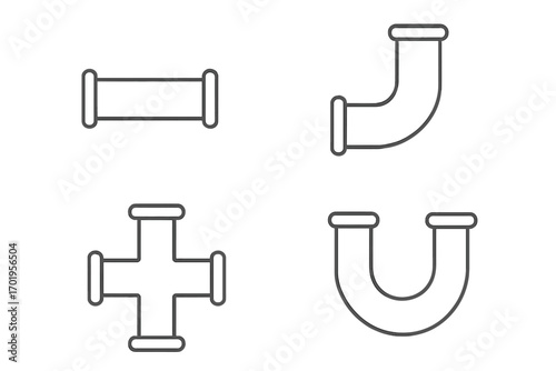 Pipe icons collection with thin editable stroke lines, vector cartoon illustration set for web, apps, books, cards, plumbing symbols, transparent background, ordered design elements